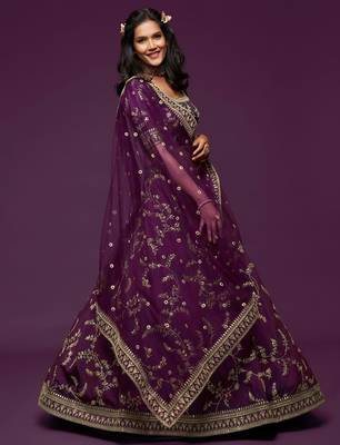 purple art silk embroidered navratri lehenga choli with free size upto 42 4