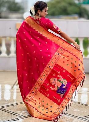 ranipink soft paithani style silk blend with meenakari border and lord ganesha pallu saree 2