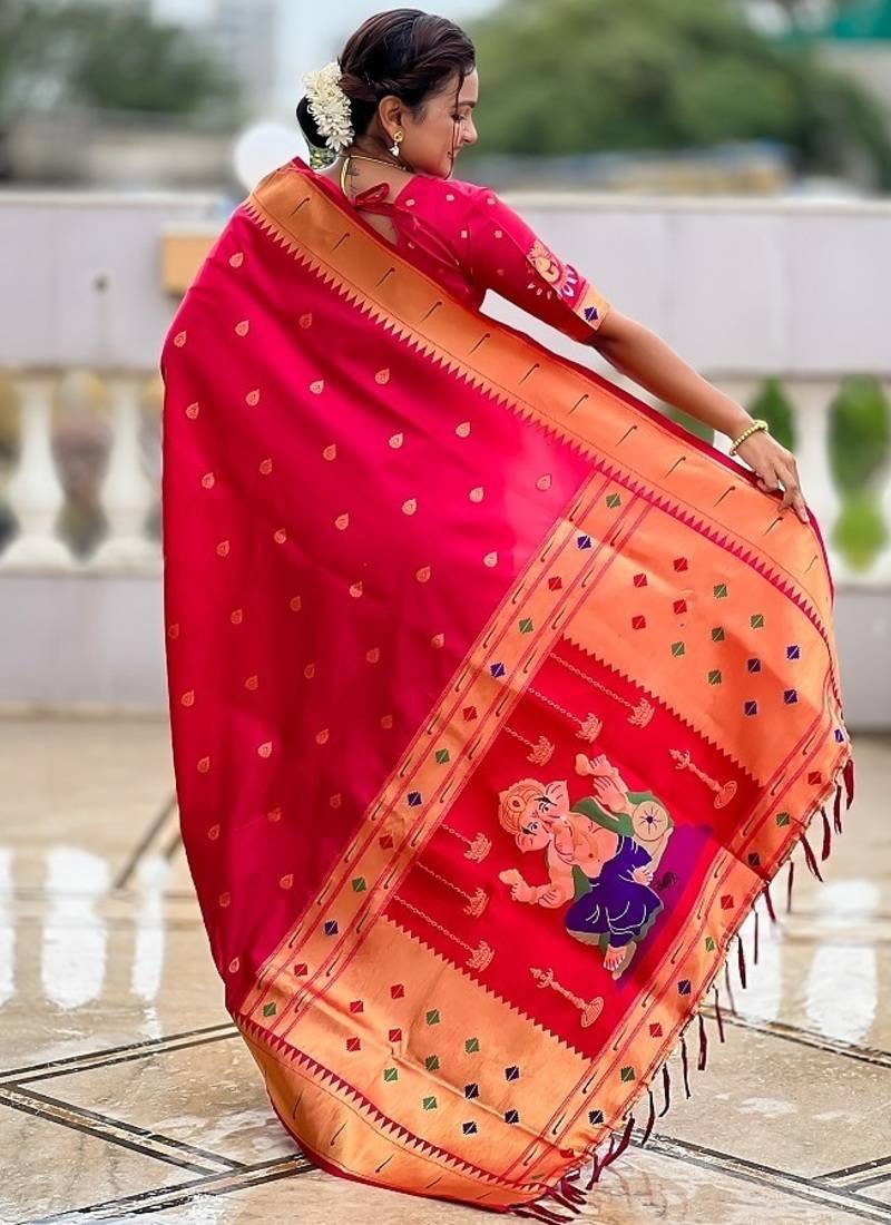 ranipink soft paithani style silk blend with meenakari border and lord ganesha pallu saree
