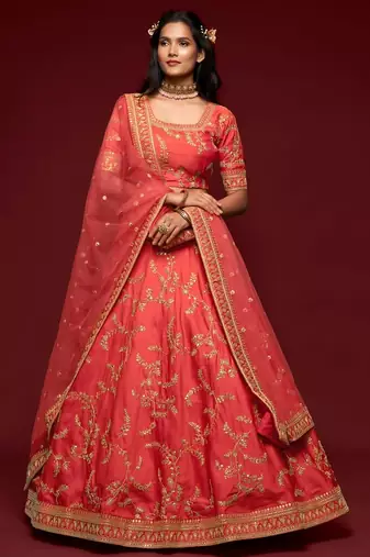 red art silk embroidered Navratri lehenga choli