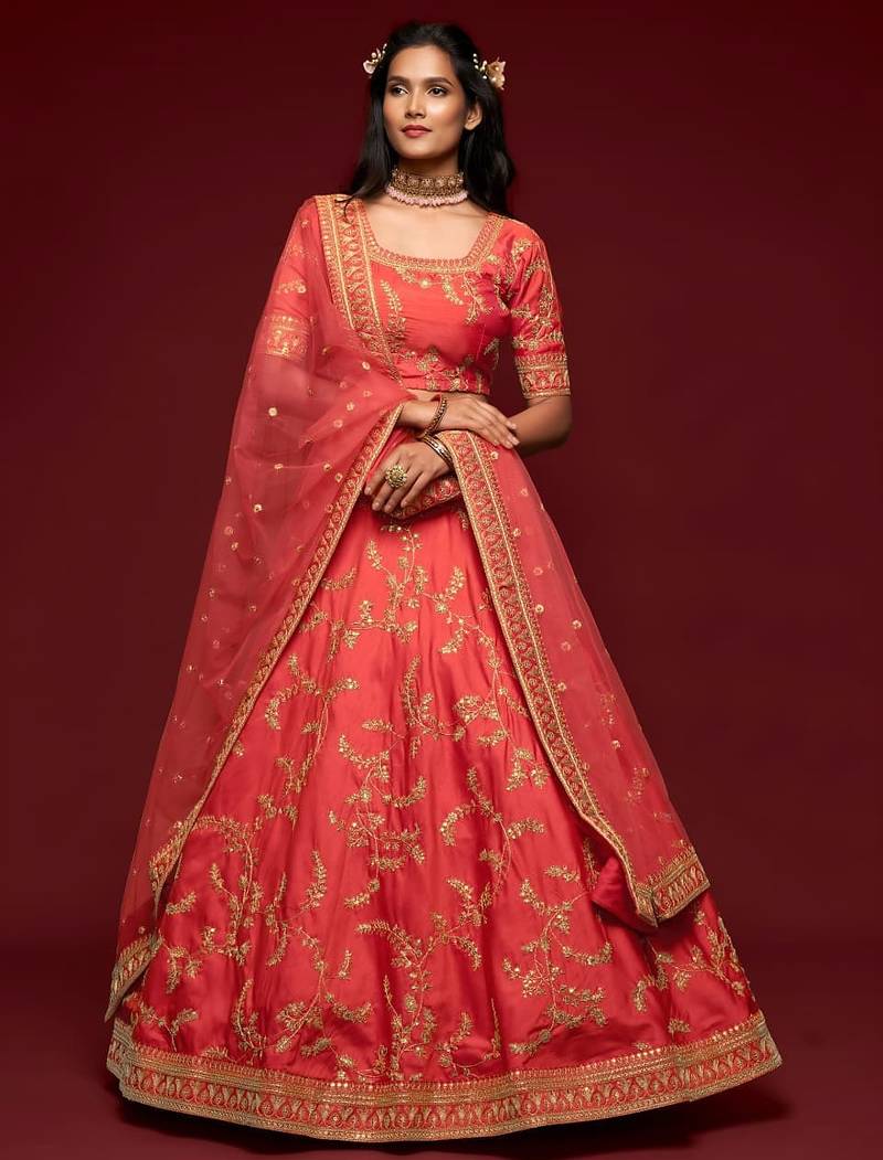 red art silk embroidered Navratri lehenga choli