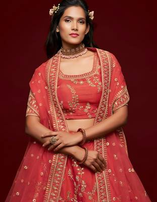 red art silk embroidered navratri lehenga choli with free size upto 42 2