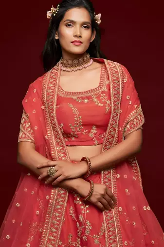 red art silk embroidered Navratri lehenga choli