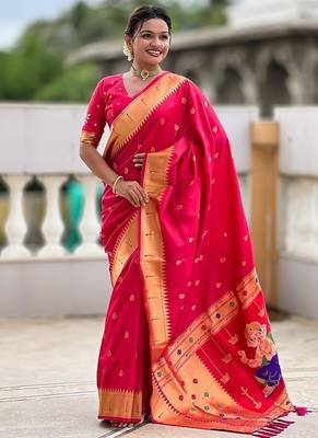 ranipink soft paithani style silk blend with meenakari border and lord ganesha pallu saree 3