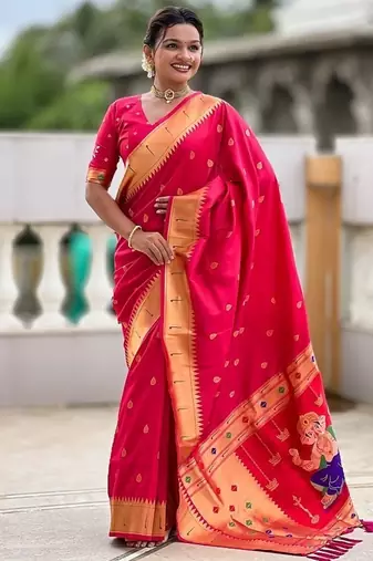 ranipink soft paithani style silk blend with meenakari border and lord ganesha pallu saree