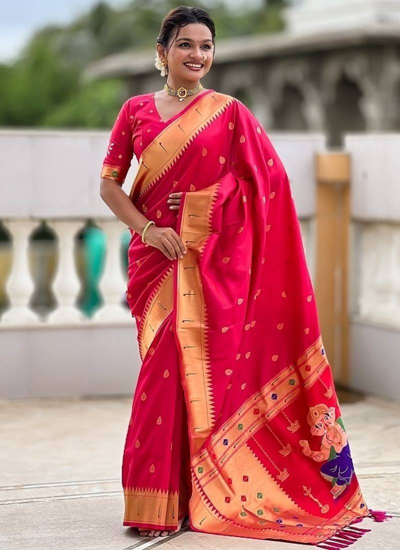 ranipink soft paithani style silk blend with meenakari border and lord ganesha pallu saree