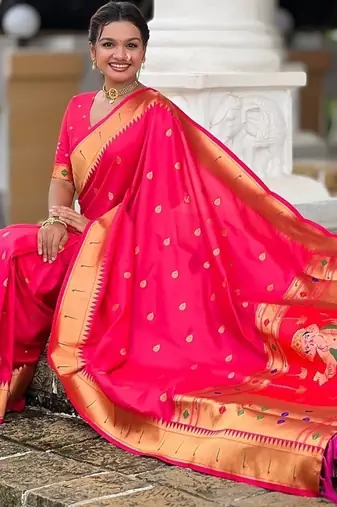 ranipink soft paithani style silk blend with meenakari border and lord ganesha pallu saree