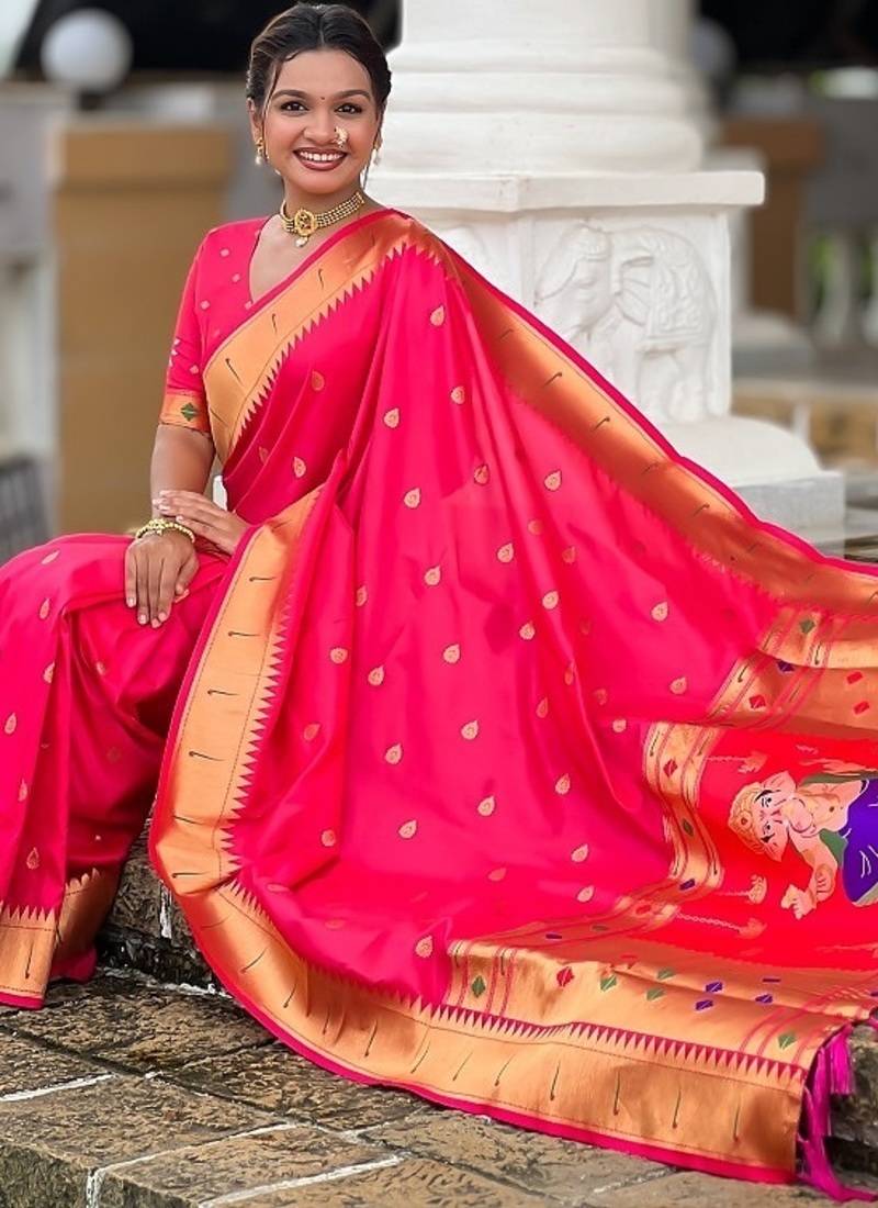 ranipink soft paithani style silk blend with meenakari border and lord ganesha pallu saree