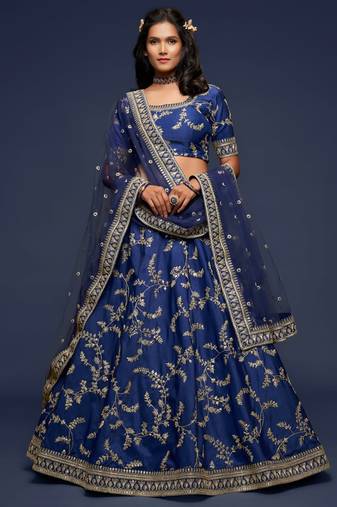 navy blue art silk embroidered navratri lehenga choli with free size upto 42