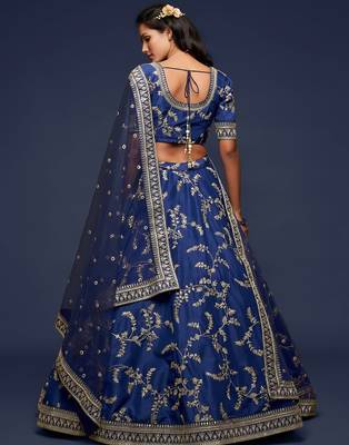 navy blue art silk embroidered navratri lehenga choli with free size upto 42 2