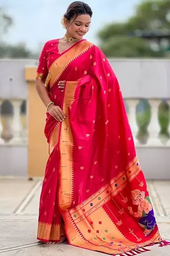 ranipink soft paithani style silk blend with meenakari border and lord ganesha pallu saree