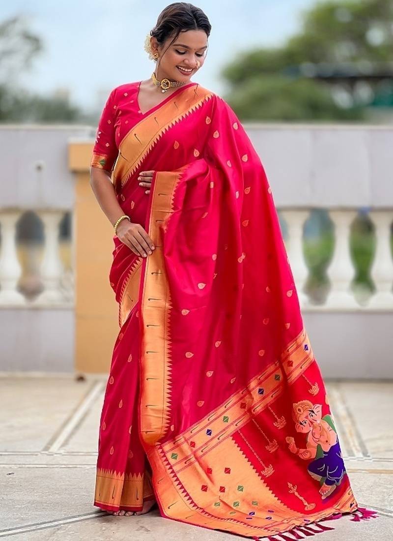 ranipink soft paithani style silk blend with meenakari border and lord ganesha pallu saree