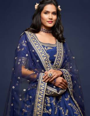 navy blue art silk embroidered navratri lehenga choli with free size upto 42 4