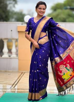 royalblue soft paithani style silk blend with meenakari border and lord ganesha pallu saree 1