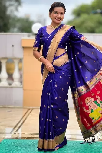 royalblue soft paithani style silk blend with meenakari border and lord ganesha pallu saree