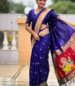 royalblue soft paithani style silk blend with meenakari border and lord ganesha pallu saree