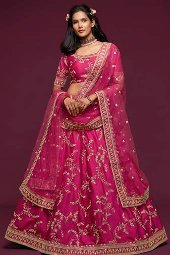 pink art silk embroidered navratri lehenga choli with free size upto 42
