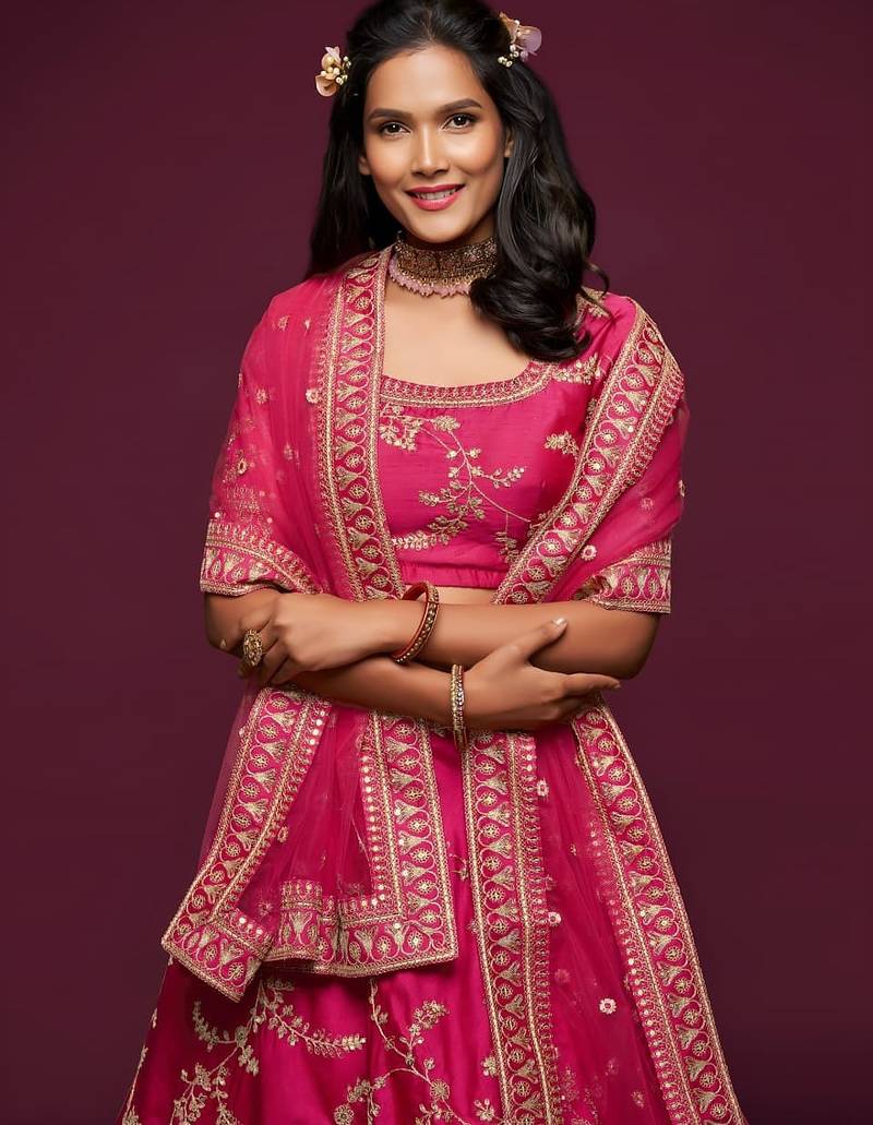 pink art silk embroidered Navratri lehenga choli