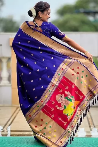 royalblue soft paithani style silk blend with meenakari border and lord ganesha pallu saree