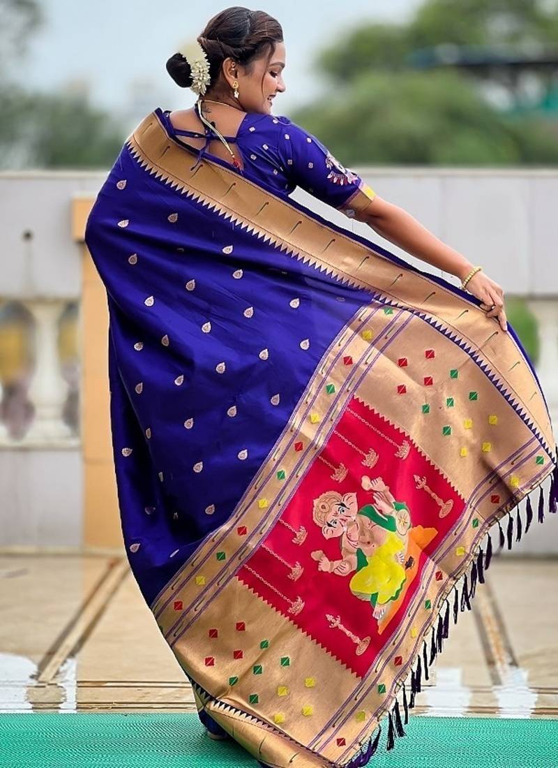 royalblue soft paithani style silk blend with meenakari border and lord ganesha pallu saree