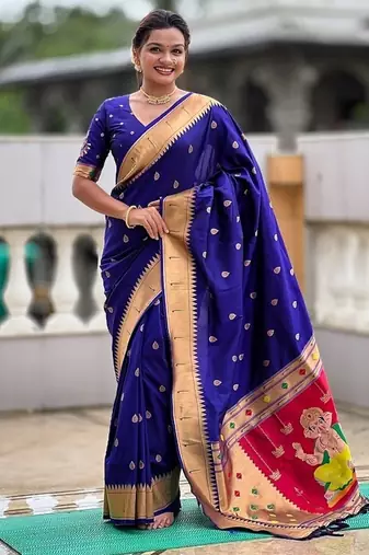 royalblue soft paithani style silk blend with meenakari border and lord ganesha pallu saree