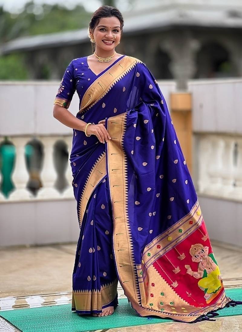 royalblue soft paithani style silk blend with meenakari border and lord ganesha pallu saree