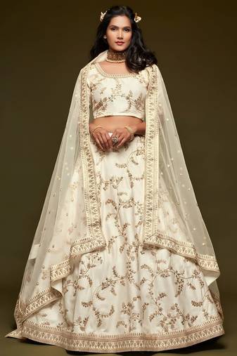 white art silk embroidered navratri lehenga choli with free size upto 42