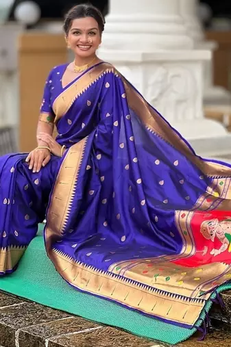 royalblue soft paithani style silk blend with meenakari border and lord ganesha pallu saree