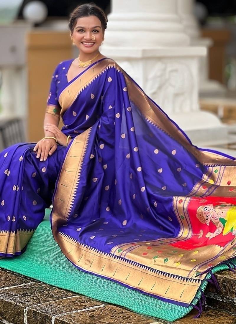 royalblue soft paithani style silk blend with meenakari border and lord ganesha pallu saree