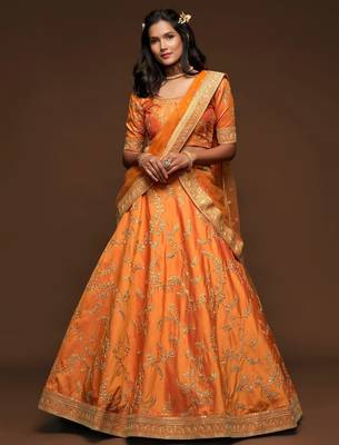 orange art silk embroidered Navratri lehenga choli 1