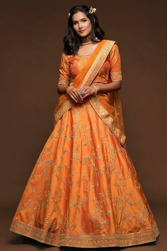 orange art silk embroidered navratri lehenga choli with free size upto 42