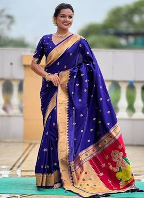 royalblue soft paithani style silk blend with meenakari border and lord ganesha pallu saree 5