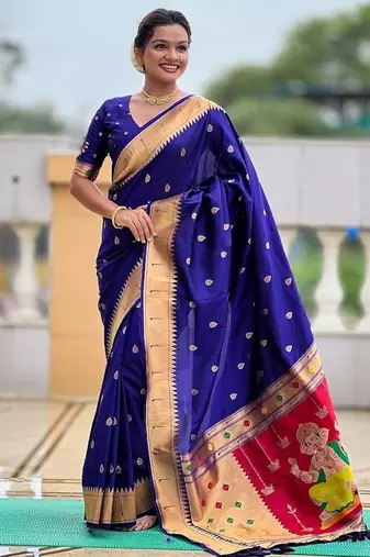 royalblue soft paithani style silk blend with meenakari border and lord ganesha pallu saree