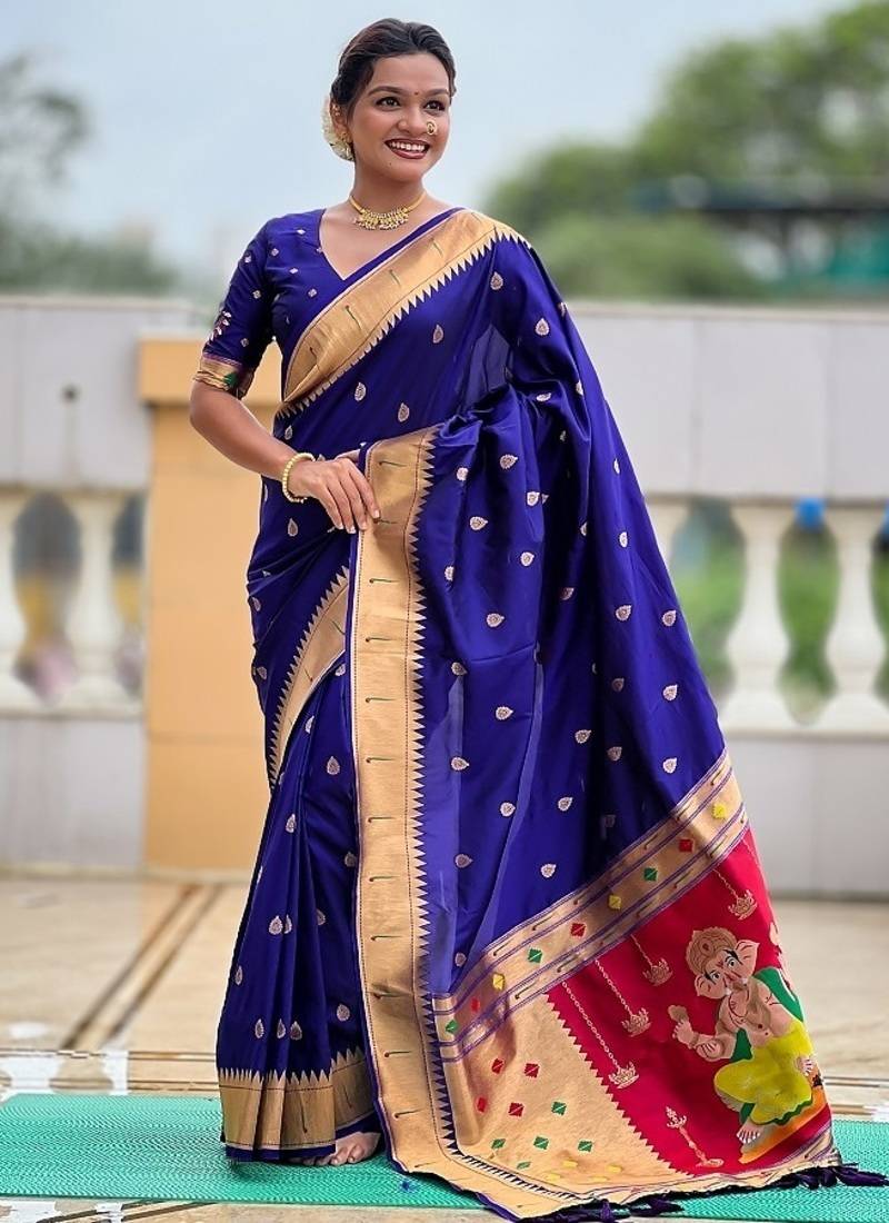 royalblue soft paithani style silk blend with meenakari border and lord ganesha pallu saree