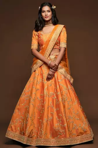 orange art silk embroidered Navratri lehenga choli