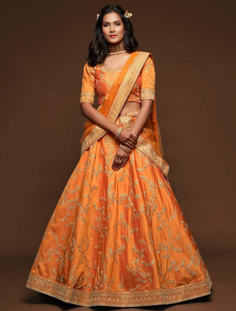 orange art silk embroidered Navratri lehenga choli