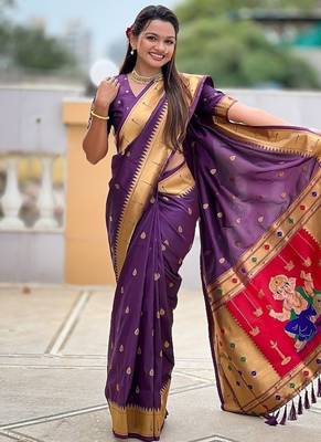 wine soft paithani style silk blend with meenakari border and lord ganesha pallu saree 1
