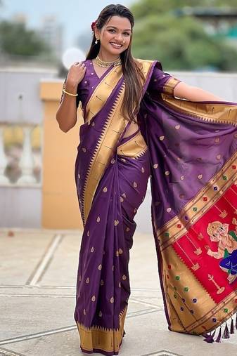 wine soft paithani style silk blend with meenakari border and lord ganesha pallu saree