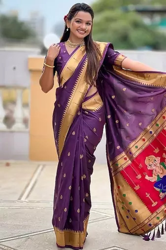 wine soft paithani style silk blend with meenakari border and lord ganesha pallu saree