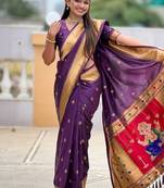 wine soft paithani style silk blend with meenakari border and lord ganesha pallu saree
