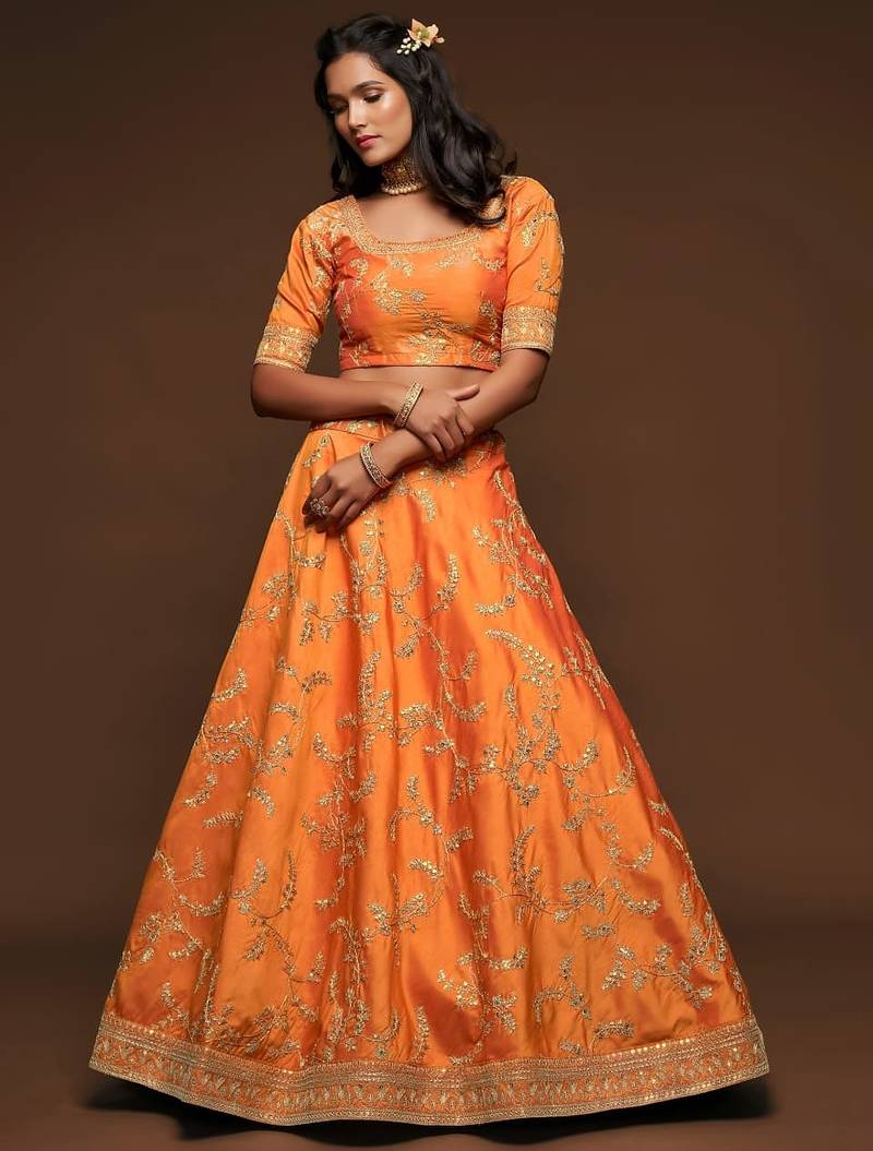orange art silk embroidered Navratri lehenga choli