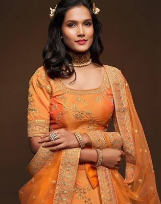 orange art silk embroidered Navratri lehenga choli 4