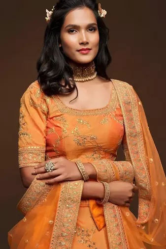 orange art silk embroidered Navratri lehenga choli