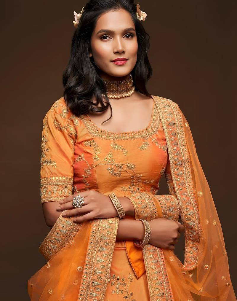 orange art silk embroidered Navratri lehenga choli