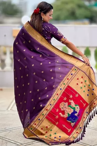 wine soft paithani style silk blend with meenakari border and lord ganesha pallu saree