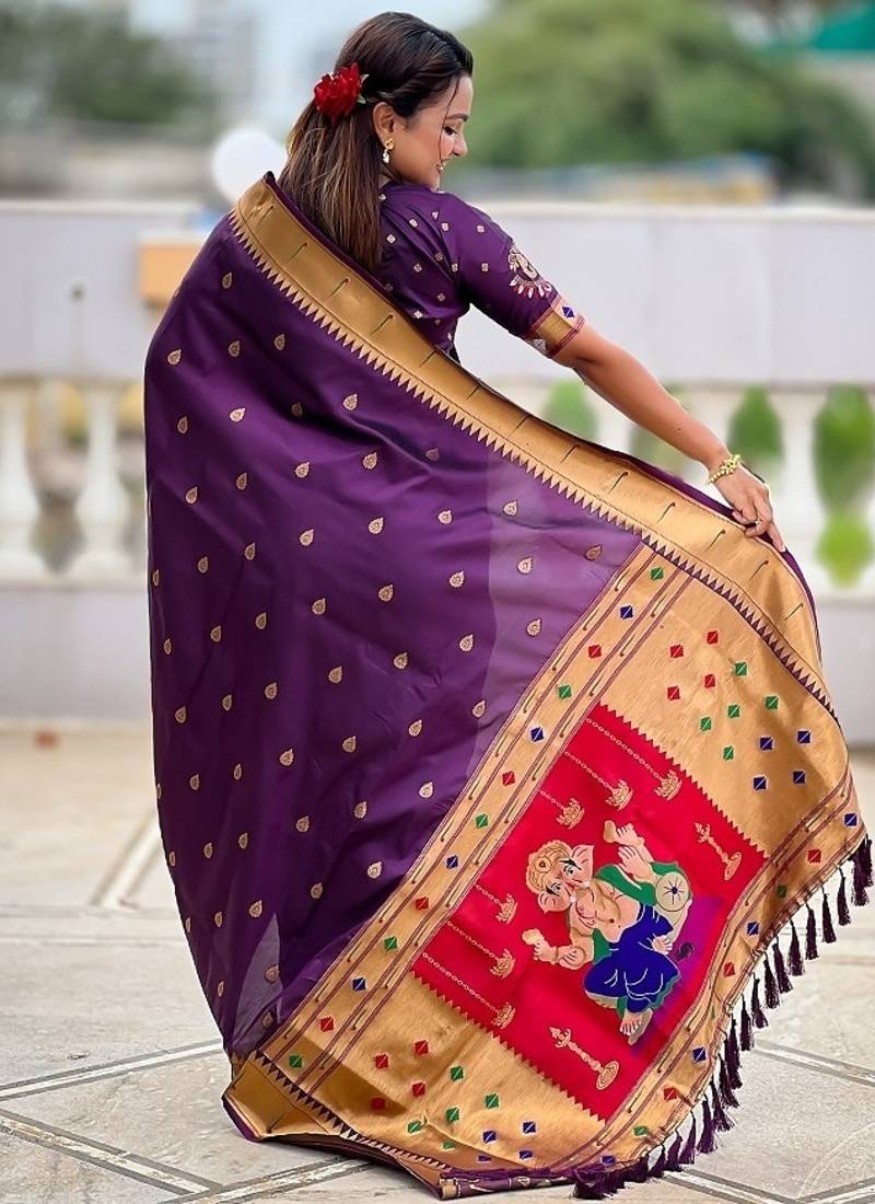 wine soft paithani style silk blend with meenakari border and lord ganesha pallu saree