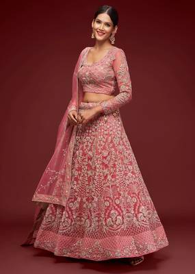 pink net embroidered diwali lehenga choli with free size upto 42 1