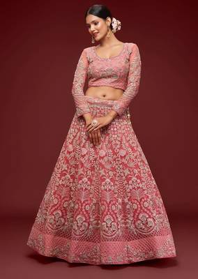 pink net embroidered diwali lehenga choli with free size upto 42 2