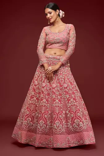 pink net embroidered Diwali lehenga choli