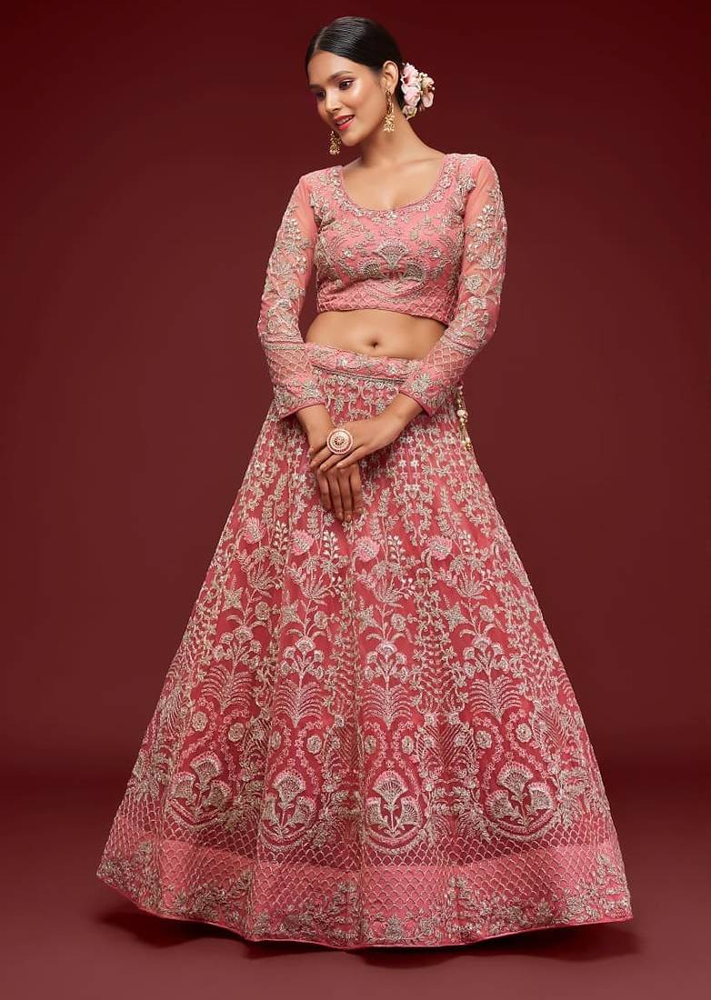 pink net embroidered Diwali lehenga choli